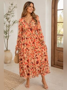 Boutique Women’s XL Peach Floral Ruffle Trim Romantic  Cottagecore Maxi Dress